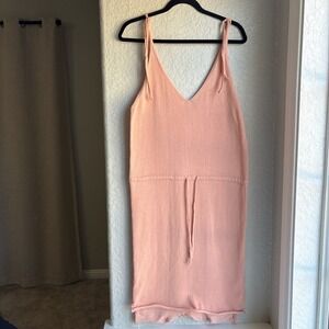 Womens Medium Midi V Neck Tie Dress Pink Peach Shoulder Cotton Blend Lightweight
